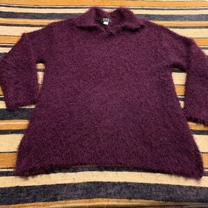 VTG Purple Fuzzy Eyelash Knit Collared V-Neck Sweater Large Whimsygoth Artsy Y2K